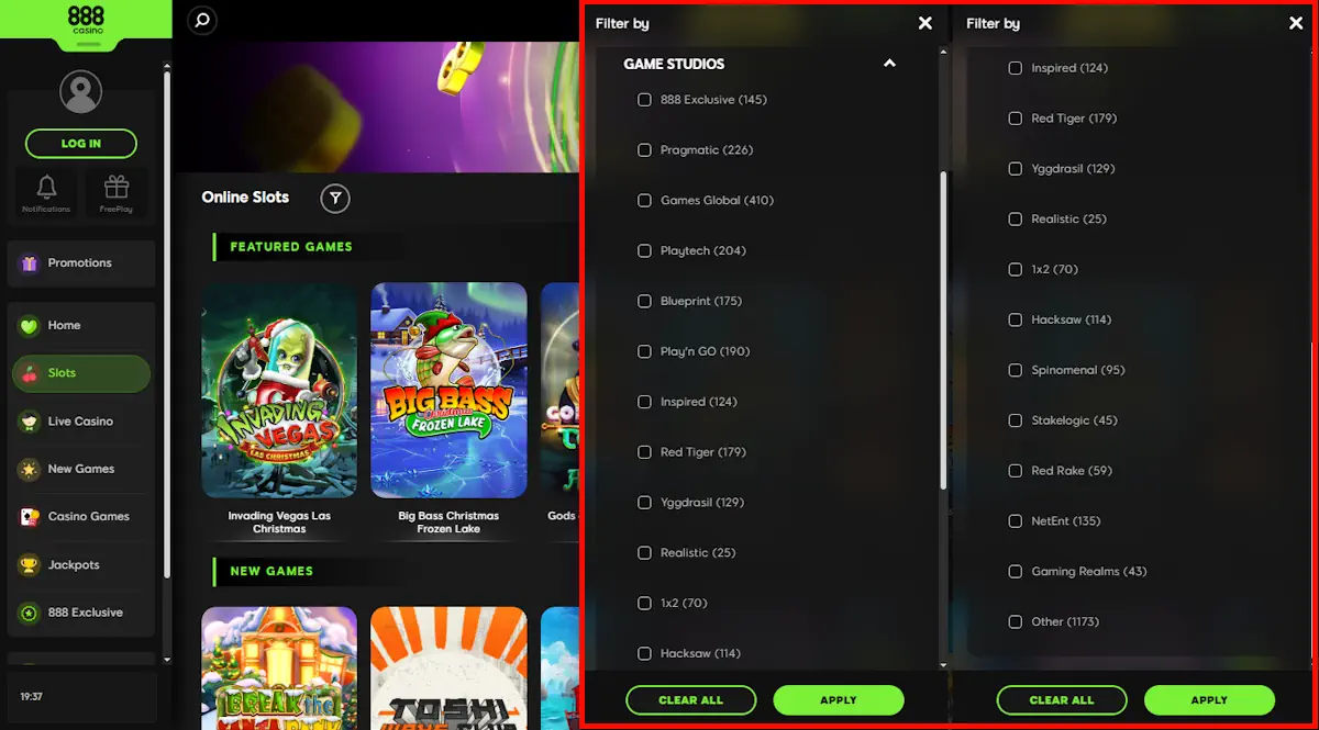 888 Casino Software providers Screenshot